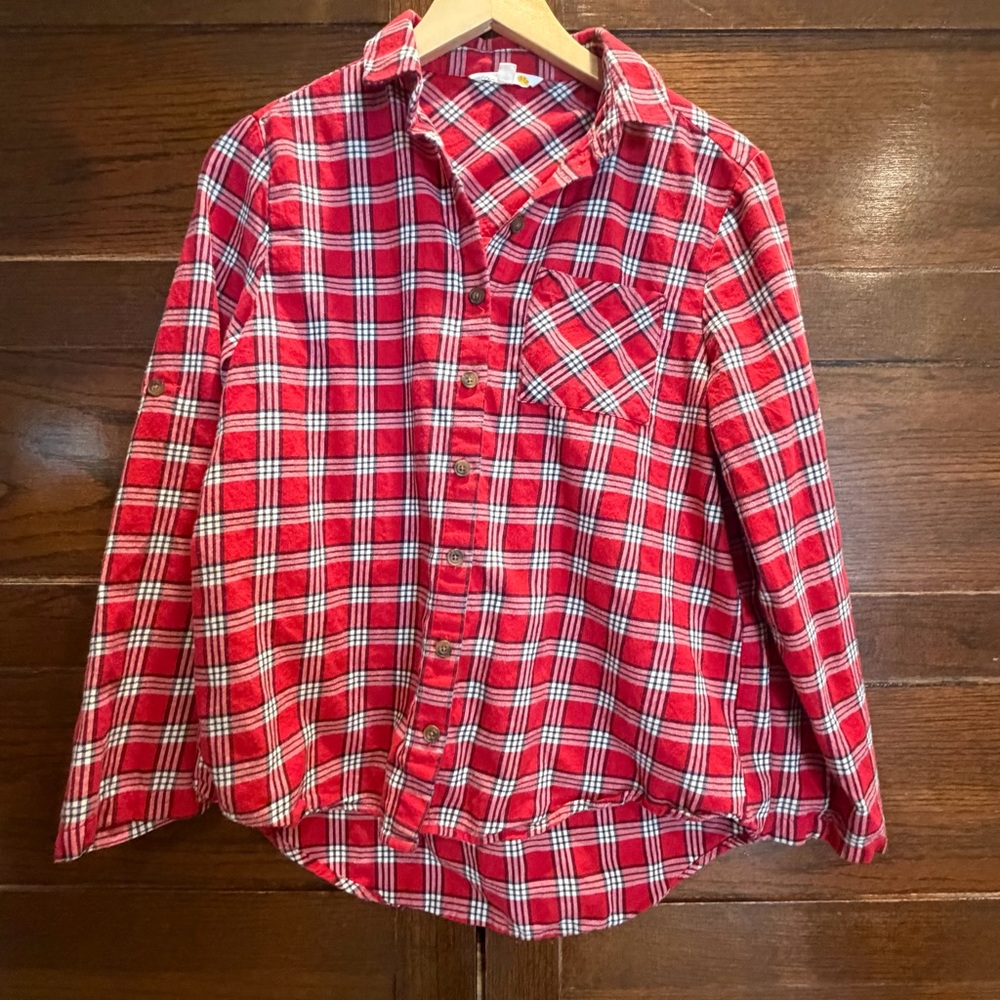 ✅ C&C California small Red Plaid flannel 100% Cotton soft Shirt roll cuff top
